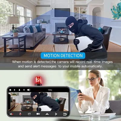 Communicates the security camera's motion detection capability that automatically records and sends mobile alerts when motion is detected, reassuring shoppers about home security and monitoring.