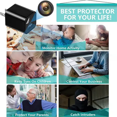 Demonstrates the multiple use cases for this hidden camera charger, showing it can monitor home activity, watch children, manage business security, protect elderly parents, and catch intruders to…