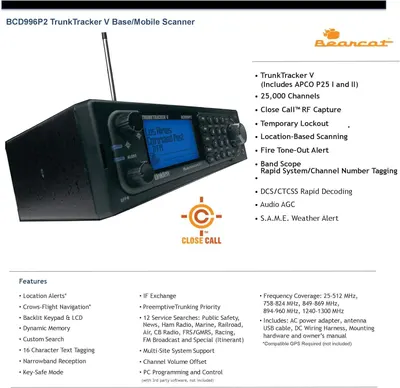 Communicates the comprehensive feature set of the TrunkTracker V scanner to demonstrate its advanced capabilities and versatility for radio enthusiasts and professionals.
