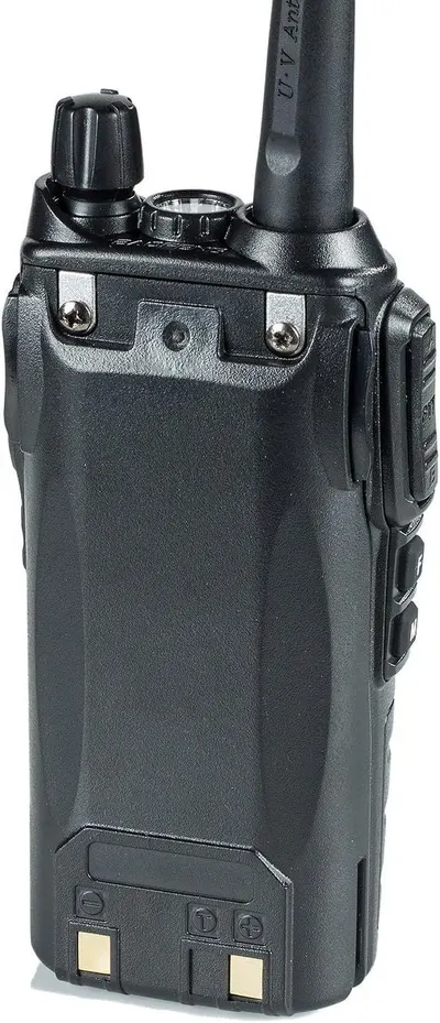 Provides a clean, catalog-style view of the two-way radio product showing its physical design, antenna, controls, and battery pack without distractions.