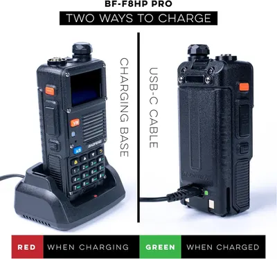 Demonstrates the two ways to charge the radio (via charging base or USB-C cable) and explains the LED indicator colors to help users understand charging status. Highlights the convenience and…