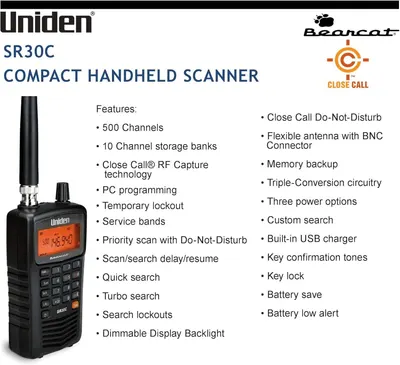 This image showcases the comprehensive feature set of the Uniden SR30C scanner to demonstrate its technical capabilities and versatility for radio enthusiasts and professionals.