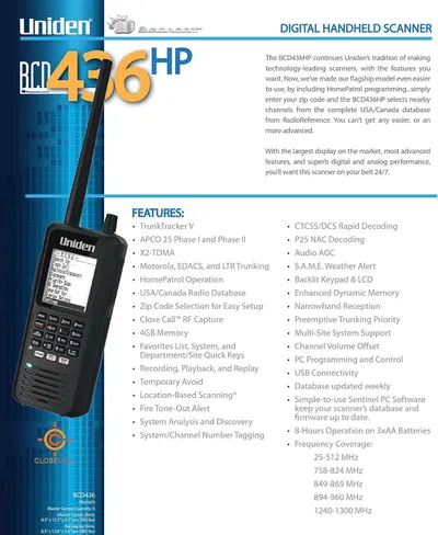 This image showcases the comprehensive feature set of the BCD436HP scanner to demonstrate its advanced capabilities and ease of use, positioning it as a premium, feature-rich product for serious…