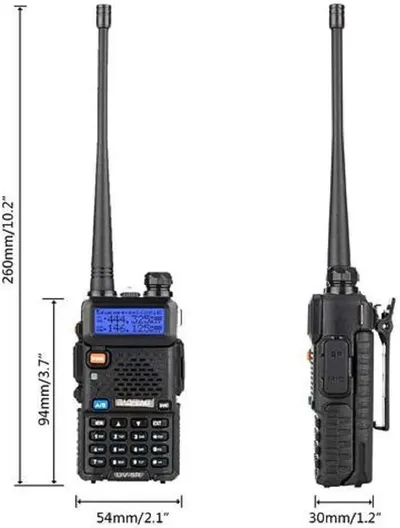 Communicates the exact physical size of the handheld radio from multiple angles with precise measurements to help shoppers understand how compact and portable the device is.