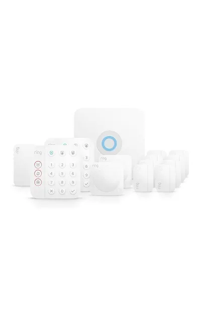 Shows all components included in the Ring security system package to help shoppers understand the complete bundle they will receive.