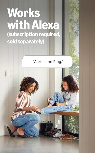 Demonstrates the product's compatibility with Alexa voice assistant, showing shoppers they can control the Ring security system hands-free using voice commands. Highlights the convenience of…