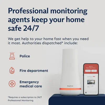 Communicates the key benefit of professional monitoring with fast emergency response (police, fire, medical) to reassure shoppers their home will be protected around the clock.