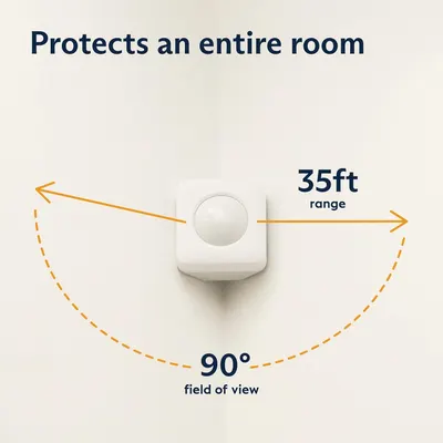 Communicates the product's coverage capabilities with specific performance metrics (35ft range and 90° field of view) to reassure shoppers that it can effectively monitor an entire room. Highlights…