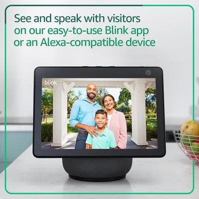 Demonstrates the product's compatibility with the Blink app and Alexa-enabled devices, showing shoppers how they can use the device to see and speak with visitors through multiple platforms.…