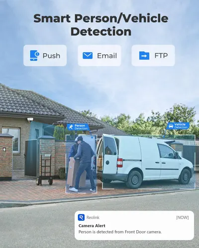 Demonstrates the product's AI-powered detection capability that can identify and alert users when a person or vehicle is detected by the camera, providing security and monitoring reassurance.