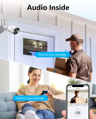 Demonstrates the security camera's two-way audio feature, showing how homeowners can communicate with delivery personnel or visitors in real-time through the camera and mobile app.