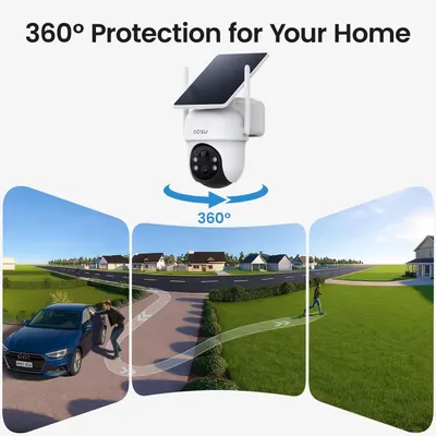 Demonstrates the security camera's ability to provide complete 360-degree surveillance coverage around the home, reassuring shoppers of comprehensive protection.