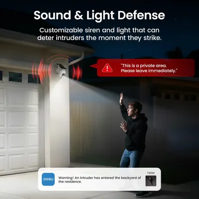 Demonstrates the product's ability to deter intruders using customizable siren and light features, providing security and peace of mind for homeowners.