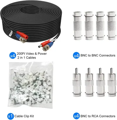 Shows everything included in the purchase—cables, BNC connectors, RCA connectors, and cable clips—to reassure shoppers they're getting a complete installation kit with all necessary components.