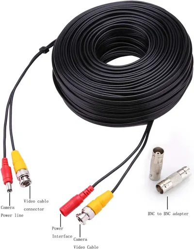 This image breaks down the physical components of the security camera cable system, labeling the camera power line, video cable connector, power interface, and BNC adapters to help shoppers…