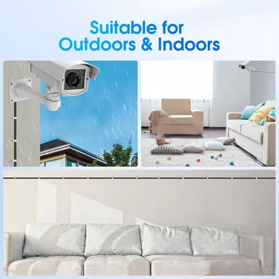 Demonstrates the product's versatility by showing it can be used in multiple environments—both outdoors (weatherproof surveillance) and indoors (home security monitoring).
