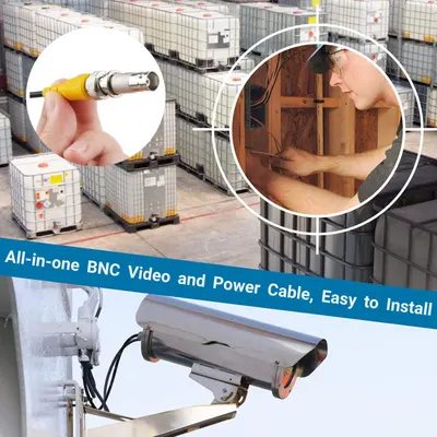 Demonstrates the versatility of the BNC video and power cable by showing multiple real-world applications including warehouse surveillance and home security installation, reassuring shoppers that…