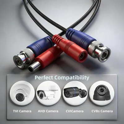Demonstrates that the cable is compatible with four different security camera types (TVI, AHD, CVI, and CVBs cameras), reassuring shoppers of its versatility and broad device compatibility.