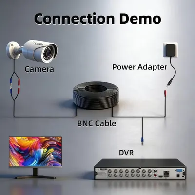 Demonstrates how to connect and set up the security camera system by showing the wiring path from camera through BNC cable and power adapter to the DVR and monitor.