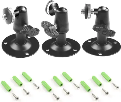 Shows the customer everything included in the package: three adjustable ball-head mounts with mounting plates and all necessary screws and anchors for installation.