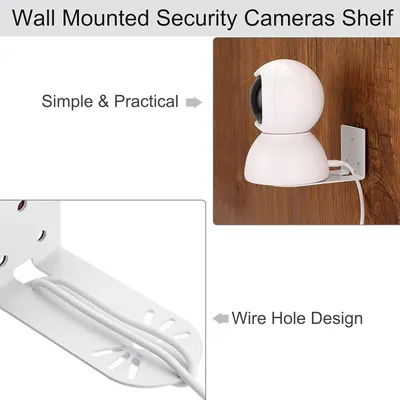 Demonstrates the wall-mounted shelf's practical design features, highlighting its simple installation and wire management capabilities to reassure shoppers of its functionality and ease of use.