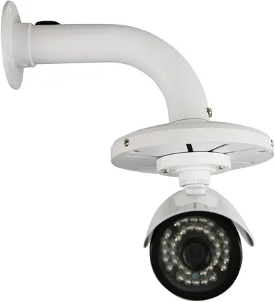 Provides a clean, catalog-style view of the security camera product with its mounting bracket on a white background, allowing shoppers to see the product clearly without distractions.