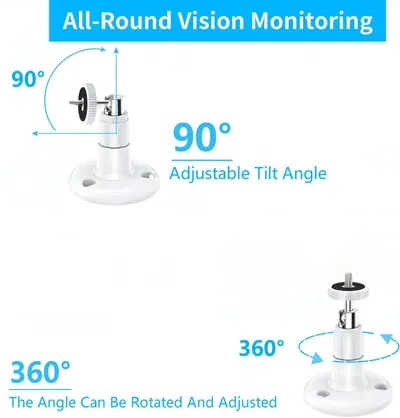 Demonstrates the camera's flexible mounting system with adjustable tilt and full rotation capabilities, reassuring shoppers they can position the camera for optimal monitoring coverage. Highlights…