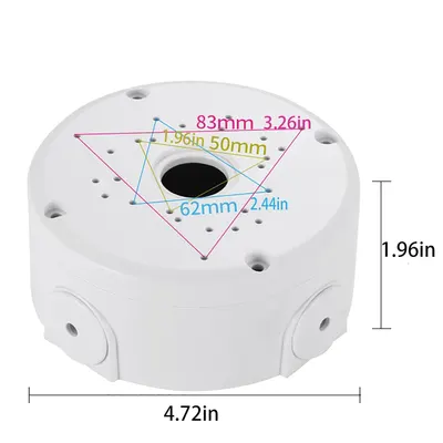 Communicates the exact physical dimensions of the mounting junction box to help shoppers verify compatibility with their installation needs and ensure proper fit.