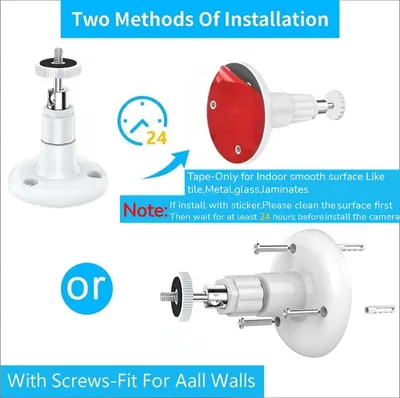Explains the two different ways to install the camera mount—using adhesive tape for smooth indoor surfaces or screws for all wall types—to help shoppers understand setup flexibility and choose the…
