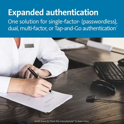 Communicates that the product offers a comprehensive authentication solution supporting multiple authentication methods (passwordless, dual, multi-factor, and Tap-and-Go), providing flexibility and…