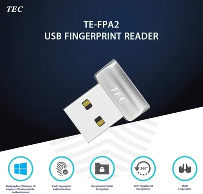 Communicates multiple key benefits of the USB fingerprint reader including OS compatibility, security features, and usability advantages to help shoppers understand the product's comprehensive…