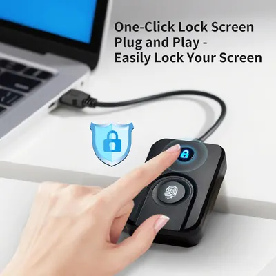 Communicates the product's ease of use and convenience, showing that users can quickly lock their screen with a single click using a plug-and-play fingerprint device.