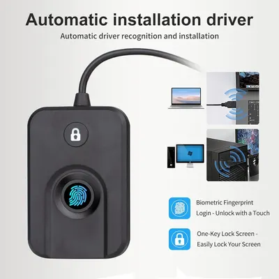 Communicates multiple distinct benefits of the fingerprint security device: automatic setup, biometric login capability, and easy screen locking functionality.