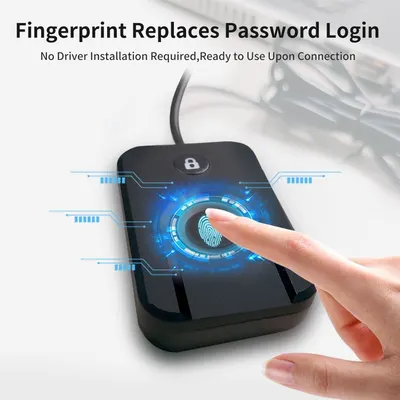Communicates that the fingerprint reader provides secure password-free login and is ready to use immediately without driver installation, emphasizing convenience and security.