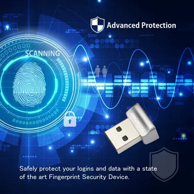 Communicates that the USB fingerprint security device provides advanced biometric protection for logins and data, reassuring shoppers about security and ease of use.
