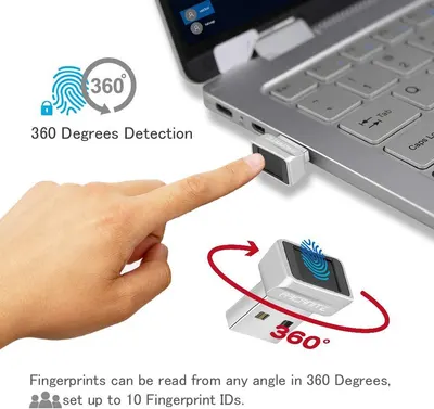 Highlights the fingerprint scanner's ability to read fingerprints from any angle (360 degrees) and store up to 10 fingerprint IDs, emphasizing convenience and security for the user.