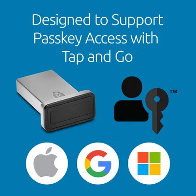 Communicates that the product supports secure passkey access with tap-and-go functionality and is compatible with major platforms (Apple, Google, Microsoft). Highlights the primary security and…