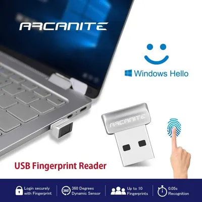 Communicates the key benefits of the USB fingerprint reader including security, sensor capability, multi-user support, and speed to reassure shoppers of its comprehensive functionality.