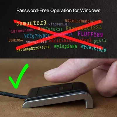 Communicates that the product enables password-free Windows login using fingerprint authentication, offering convenience and enhanced security.