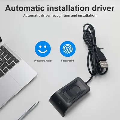 Communicates that the fingerprint scanner features automatic driver recognition and installation, making setup effortless for Windows Hello and fingerprint authentication.