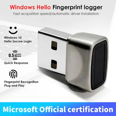 Communicates multiple key benefits of the fingerprint logger in a segmented layout: secure login compatibility, fast response time, plug-and-play ease, and Microsoft certification to reassure…