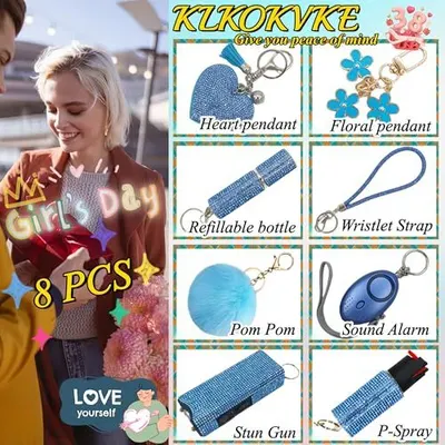 Shows all the items included in the purchase—a complete self-defense accessory bundle with keychains, alarm, spray, and other safety tools—to communicate value and completeness.