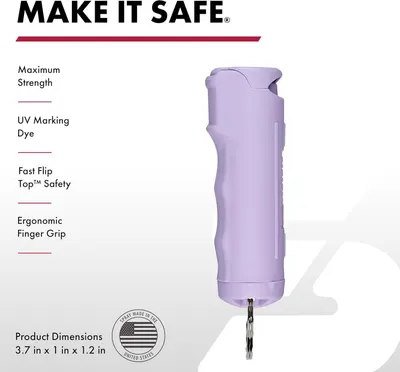 Communicates multiple key safety and usability features of the personal safety spray device to reassure shoppers of its effectiveness, ease of use, and ergonomic design. Provides exact physical…