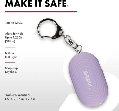 Communicates multiple safety and convenience features of the personal alarm keychain to reassure shoppers of its effectiveness and portability.