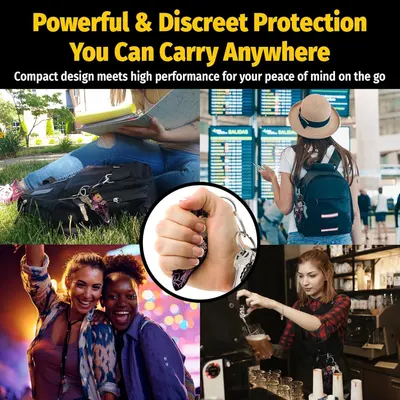 Demonstrates the versatility of the self-defense product by showing it can be carried and used in multiple real-world scenarios including travel, outdoor activities, social events, and everyday…