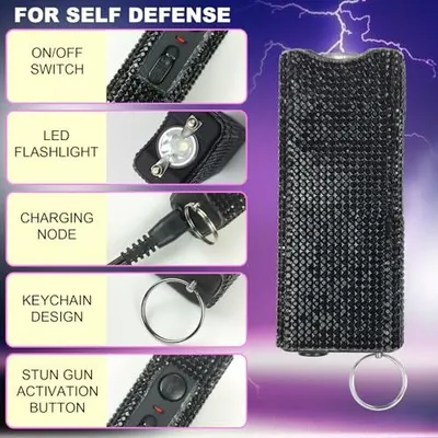 This image breaks down the self-defense device by labeling and pointing to each physical component and functional feature, helping shoppers understand what the product includes and how each part…
