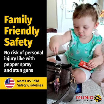 Reassures parents that the product is safe for use around children, with no risk of personal injury like pepper spray or stun guns, and meets US Child Safety Guidelines. Communicates the key benefit…