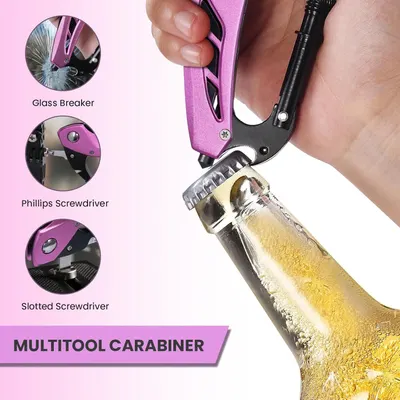Highlights the multiple functional components of the multitool carabiner, showing shoppers the various tools integrated into the product for emergency and everyday use. Demonstrates the product's…