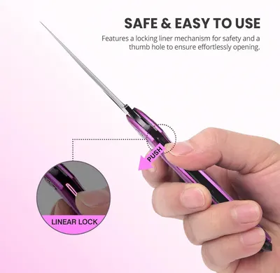 Demonstrates how to safely operate the product's locking liner mechanism by pushing to open, reassuring shoppers that the product is both safe and easy to use. Highlights the product's safety…