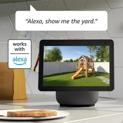 Demonstrates that the product works with Alexa voice assistant, allowing users to view camera feeds hands-free through voice commands.